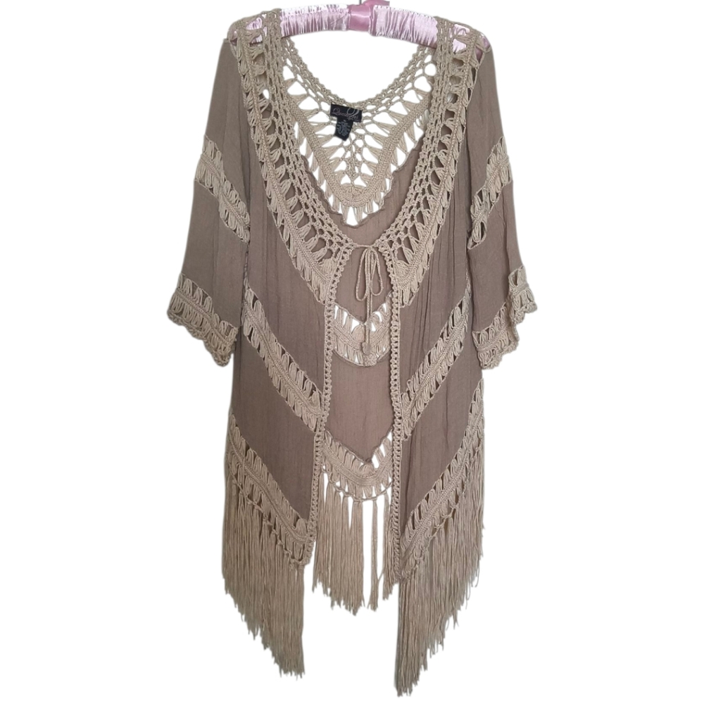 Tan and Cream Crochet Boho Kimono - Cottagecore Cover Up Fringe Festival Chic
